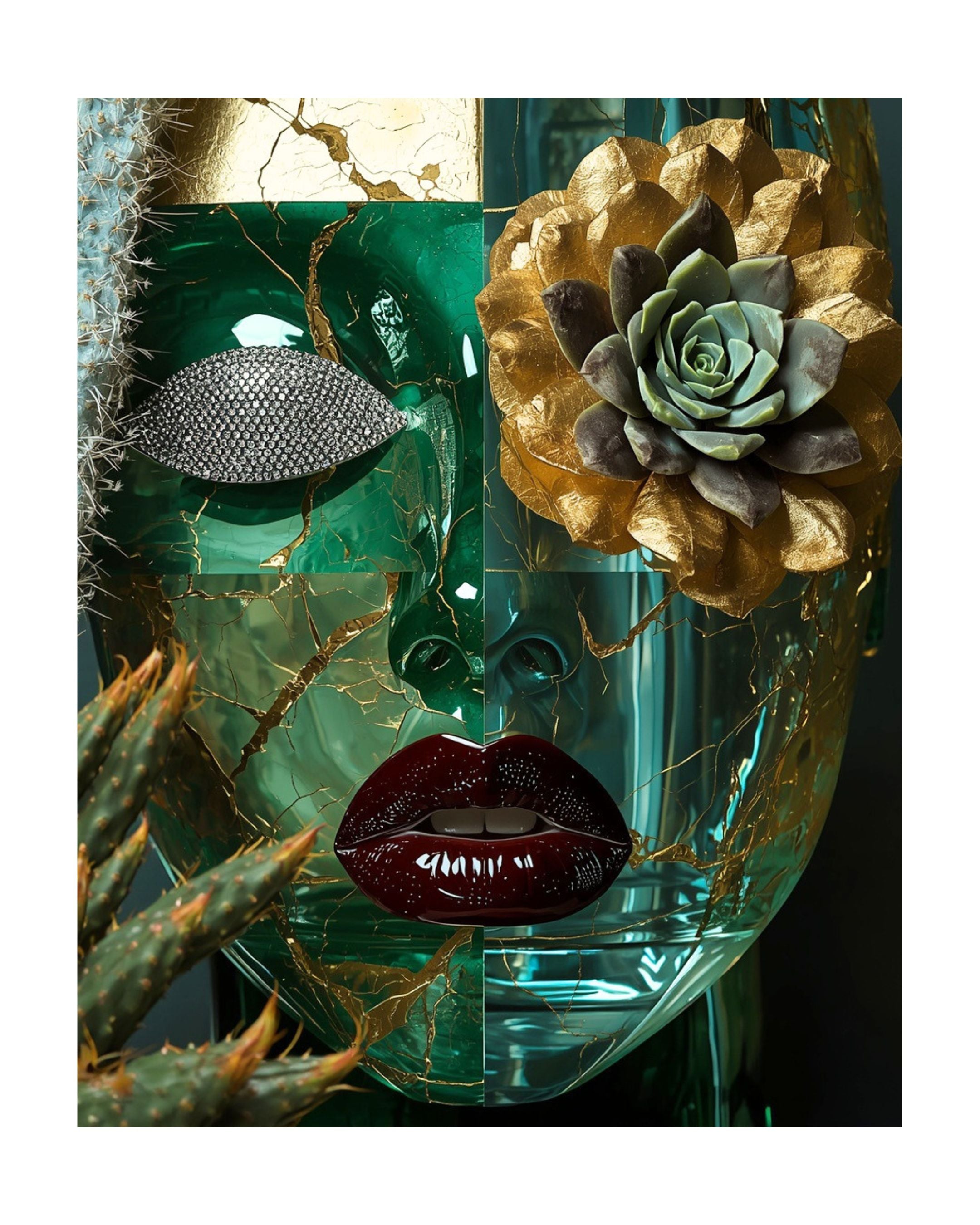 A decorative sculptural face made from translucent teal glass with gold marbling, a textured metallic diamond eye, glossy dark red lips, and a large gold-and-green succulent on the eye lip and cheek, shown against a dark cacti background. 