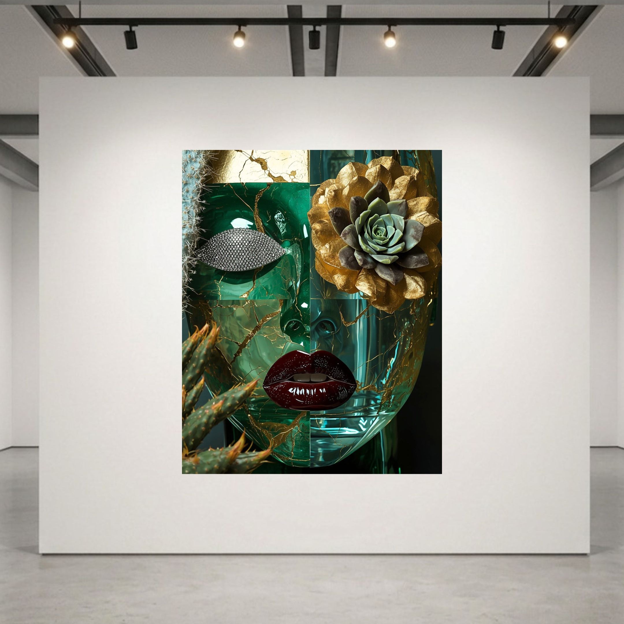 A square wall-mounted artwork in a gallery setting, featuring a surreal still life with a green glass face, gold-toned succulent and flower elements, a dark red lips motif. The artwork is displayed on a large white wall under gallery spotlights.