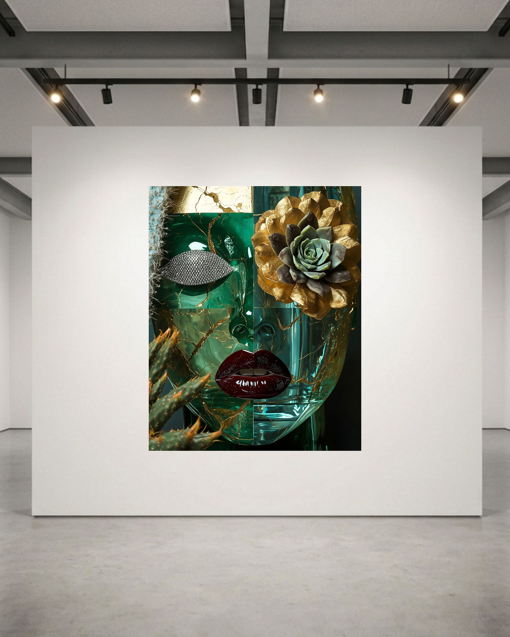 A square wall-mounted artwork in a gallery setting, featuring a surreal still life with a green glass face, gold-toned succulent and flower elements, a dark red lips motif. The artwork is displayed on a large white wall under gallery spotlights.