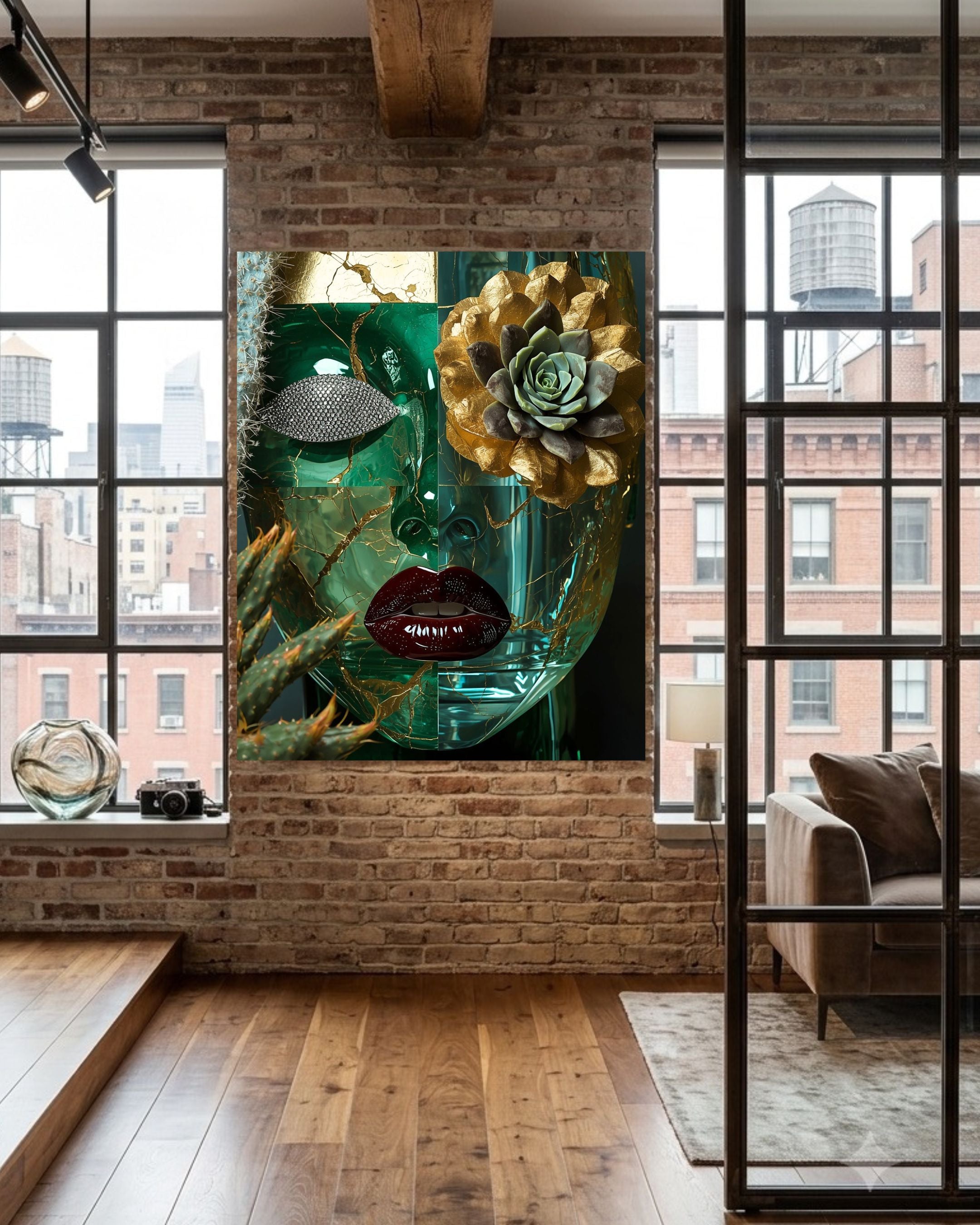 A large canvas wall art print featuring a stylized green glass face with gold leaf textures, a succulent flower, and red lips, displayed on a brick wall in a modern loft room with wood floors and windows.
