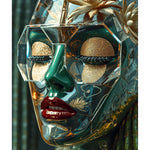 A close-up portrait of a stylized face wearing a transparent geometric mask with reflective teal, gold, and dark green marbled details, red lips, and decorative dried flowers around the head, shown against a dark green background. Surreal Venom Rejuvenation series by MizDragonfly.