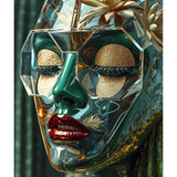 A close-up portrait of a stylized face wearing a transparent geometric mask with reflective teal, gold, and dark green marbled details, red lips, and decorative dried flowers around the head, shown against a dark green background. Surreal Venom Rejuvenation series by MizDragonfly.