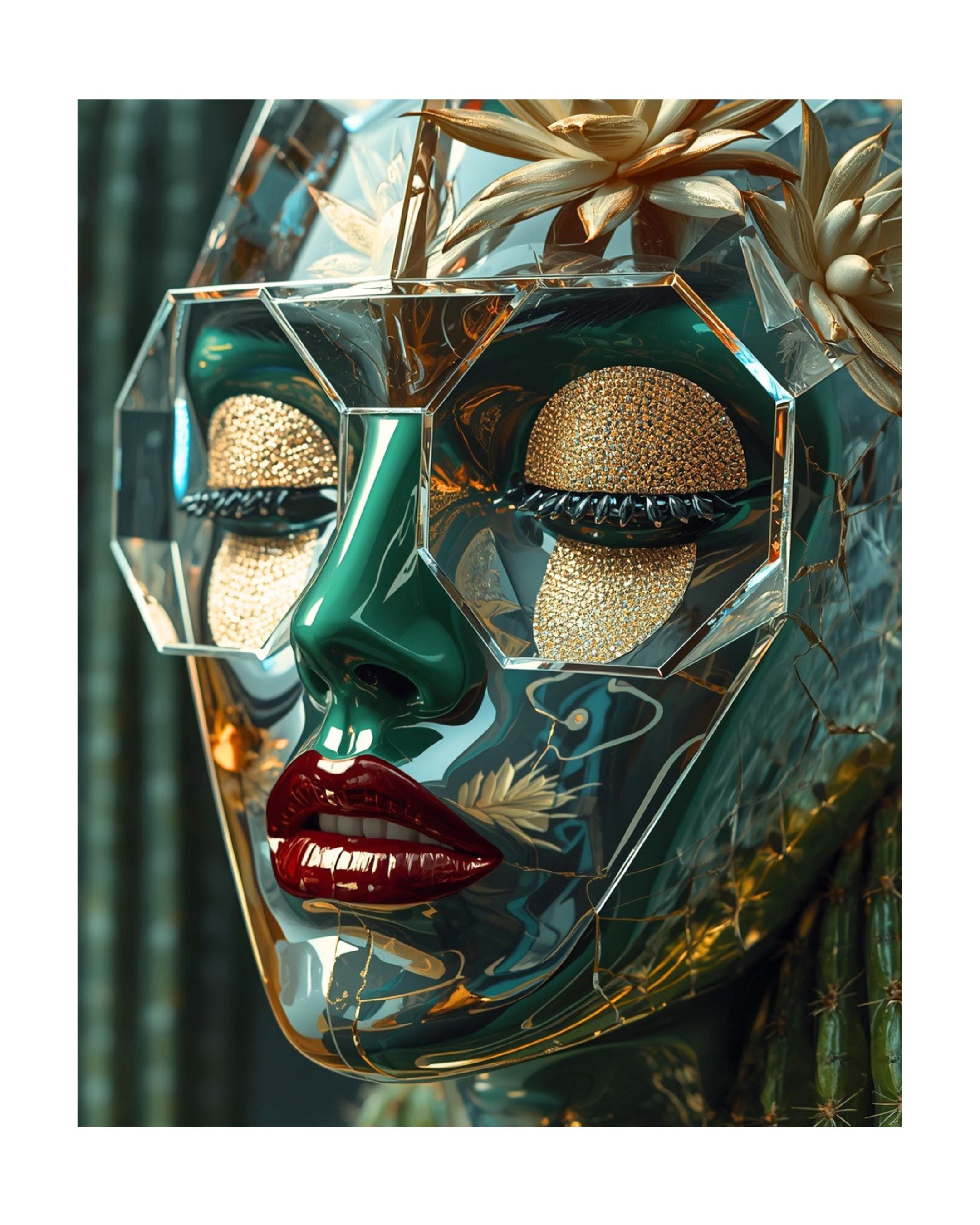 A close-up portrait of a stylized face wearing a transparent geometric mask with reflective teal, gold, and dark green marbled details, red lips, and decorative dried flowers around the head, shown against a dark green background. Surreal Venom Rejuvenation series by MizDragonfly.