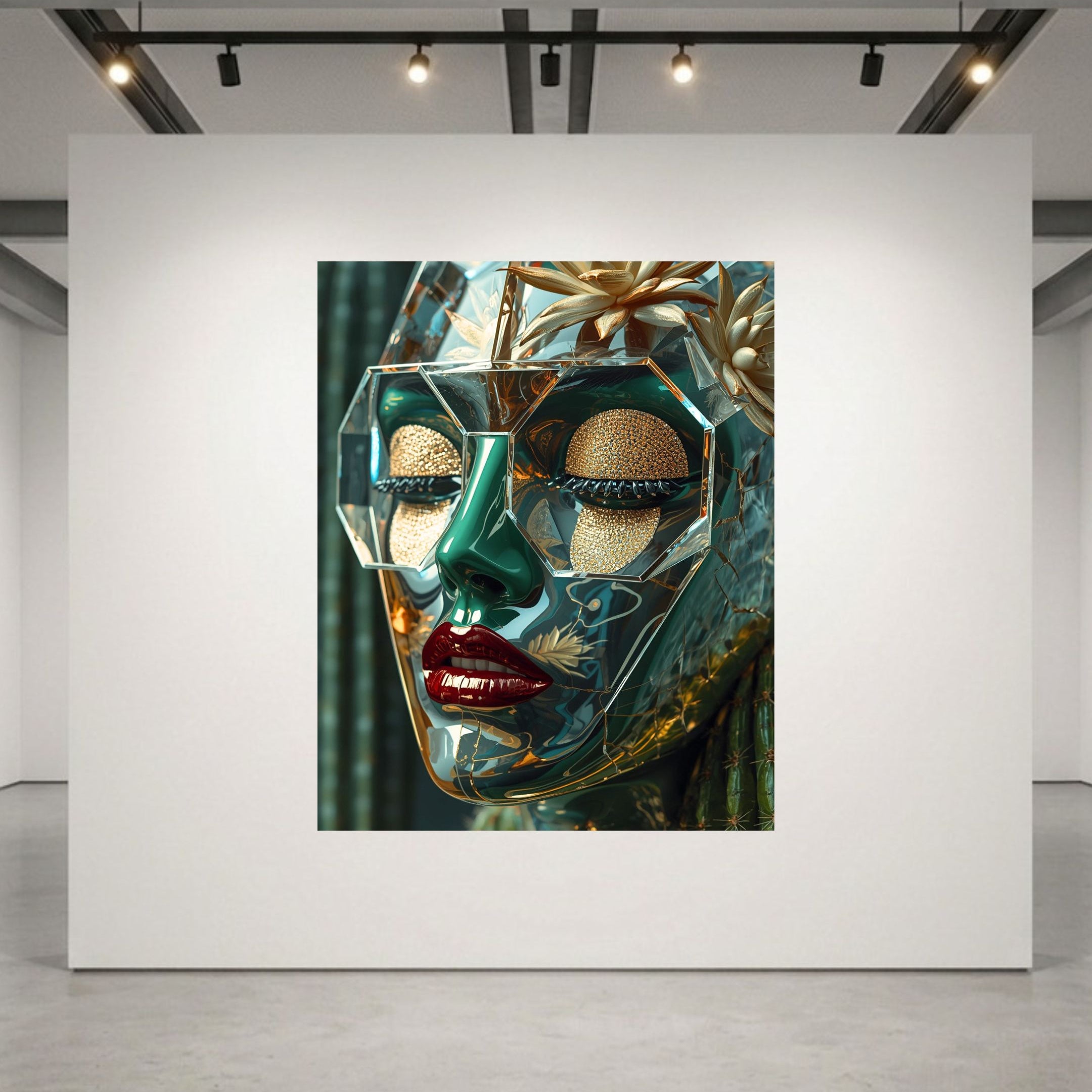 A large canvas art print depicting a stylized, green and gold woman face with gold glitter details and red lips, displayed on a white gallery wall in a modern art studio.