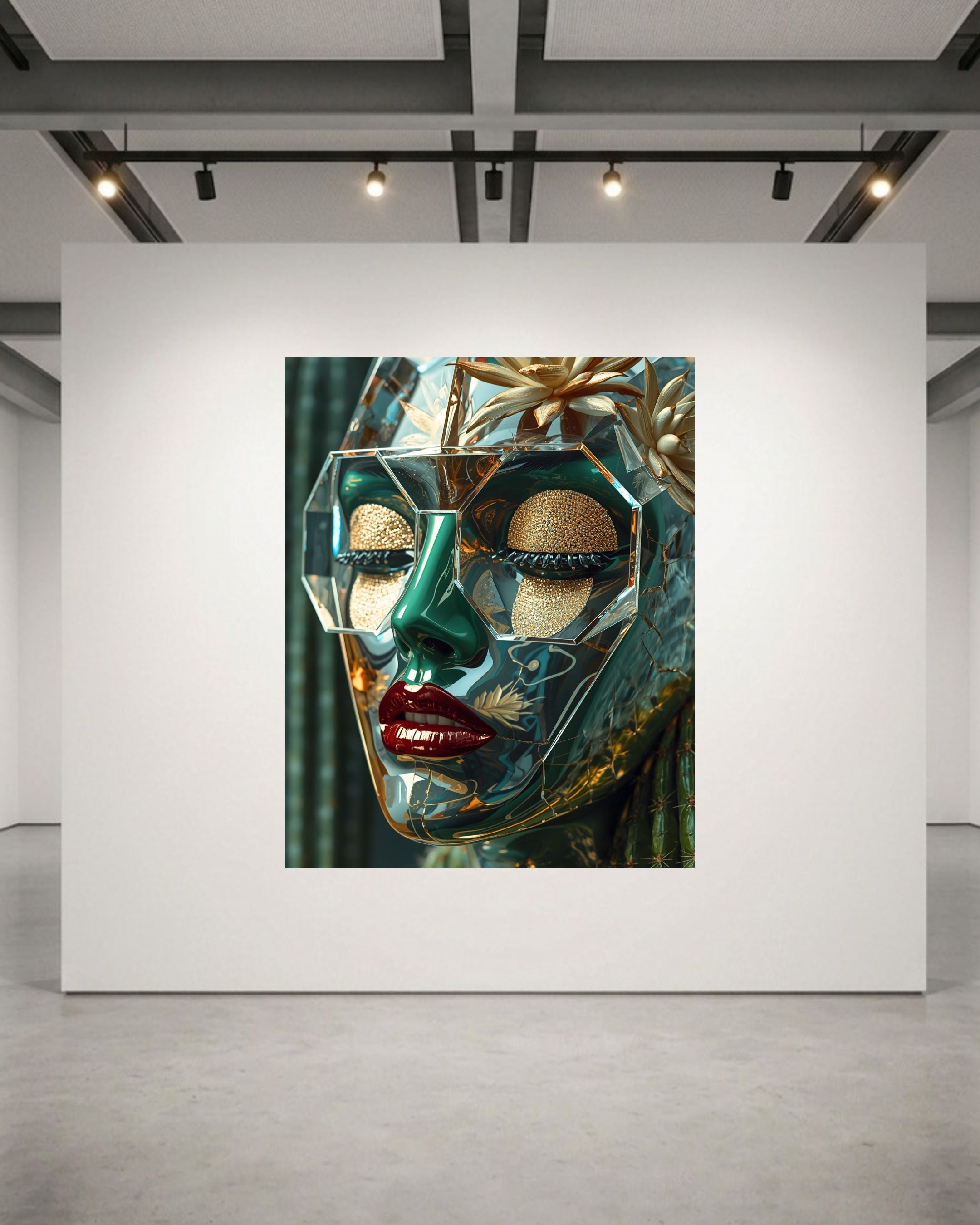 A large canvas art print depicting a stylized, green and gold woman face with gold glitter details and red lips, displayed on a white gallery wall in a modern art studio.