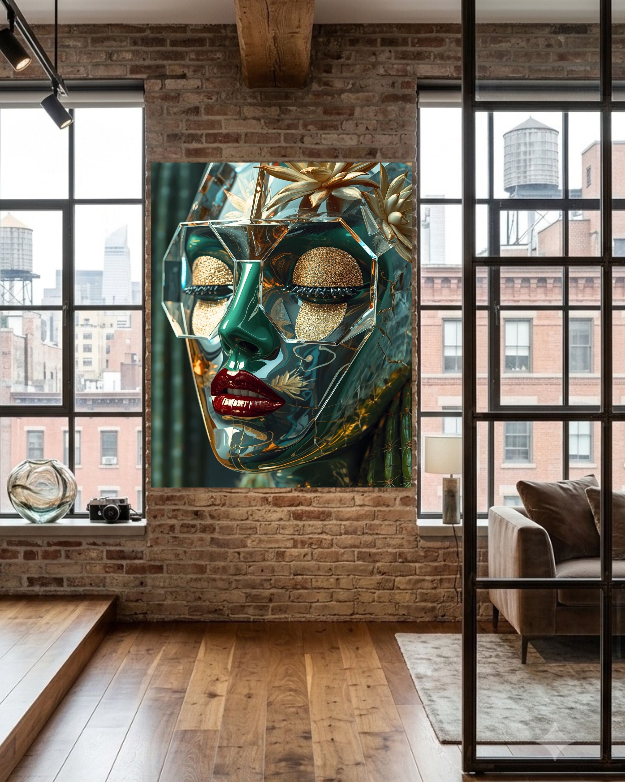 A large wall art print featuring a stylized, geometric face in green, gold, and red tones, displayed on a brick wall in a modern loft-style room with wood floors and large windows. 