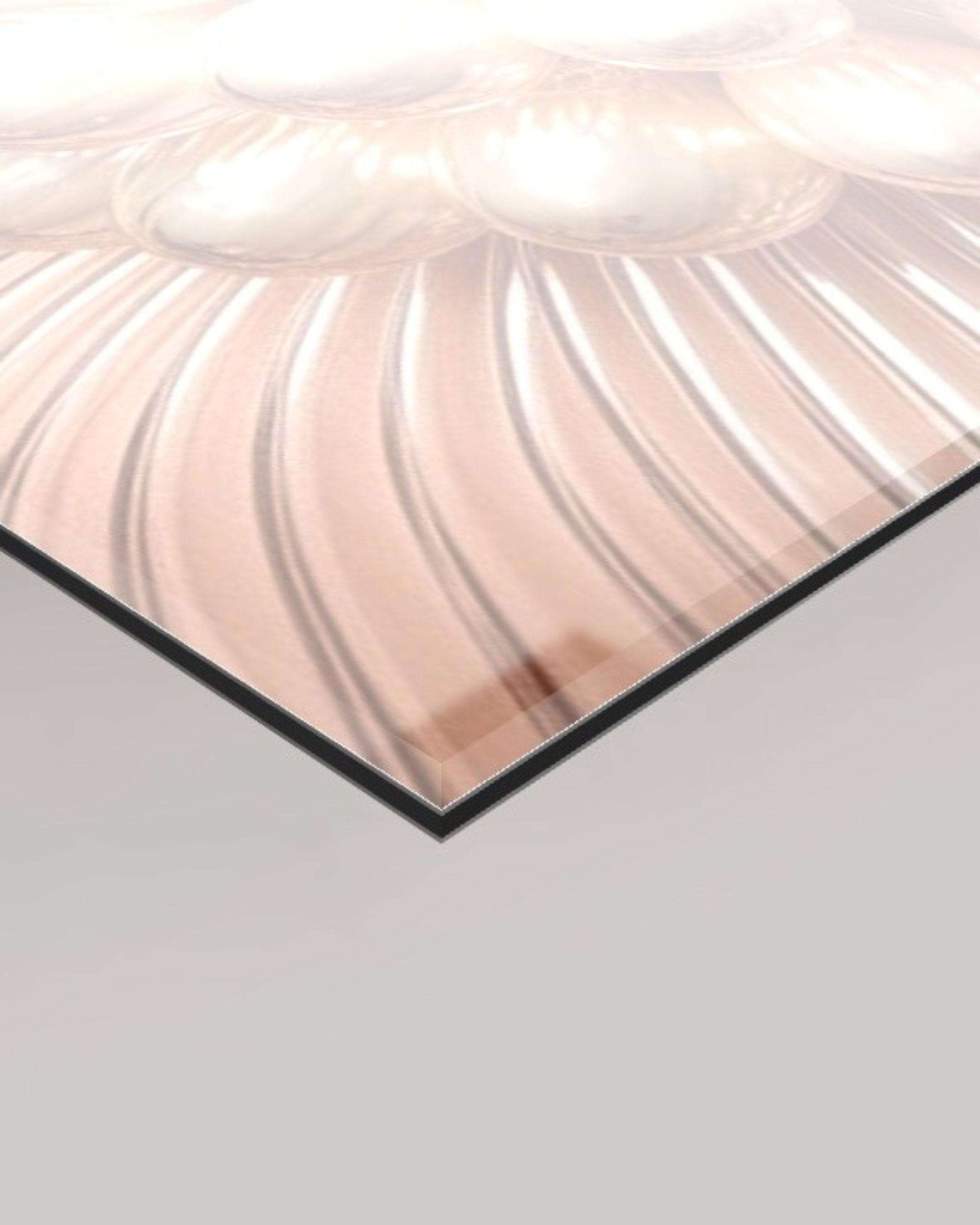 A close-up of a 4mm glossy acrylic glass panel featuring MizDragonfly's Volatile artwork set on a grey background.