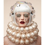 A stylized portrait of a woman with a white bob haircut, large clear glass dome helmet with diamond accents, rhinestone eye lids with cascading crystal tears. red lips and a voluminous pearl-like glass collar against a plain beige background.