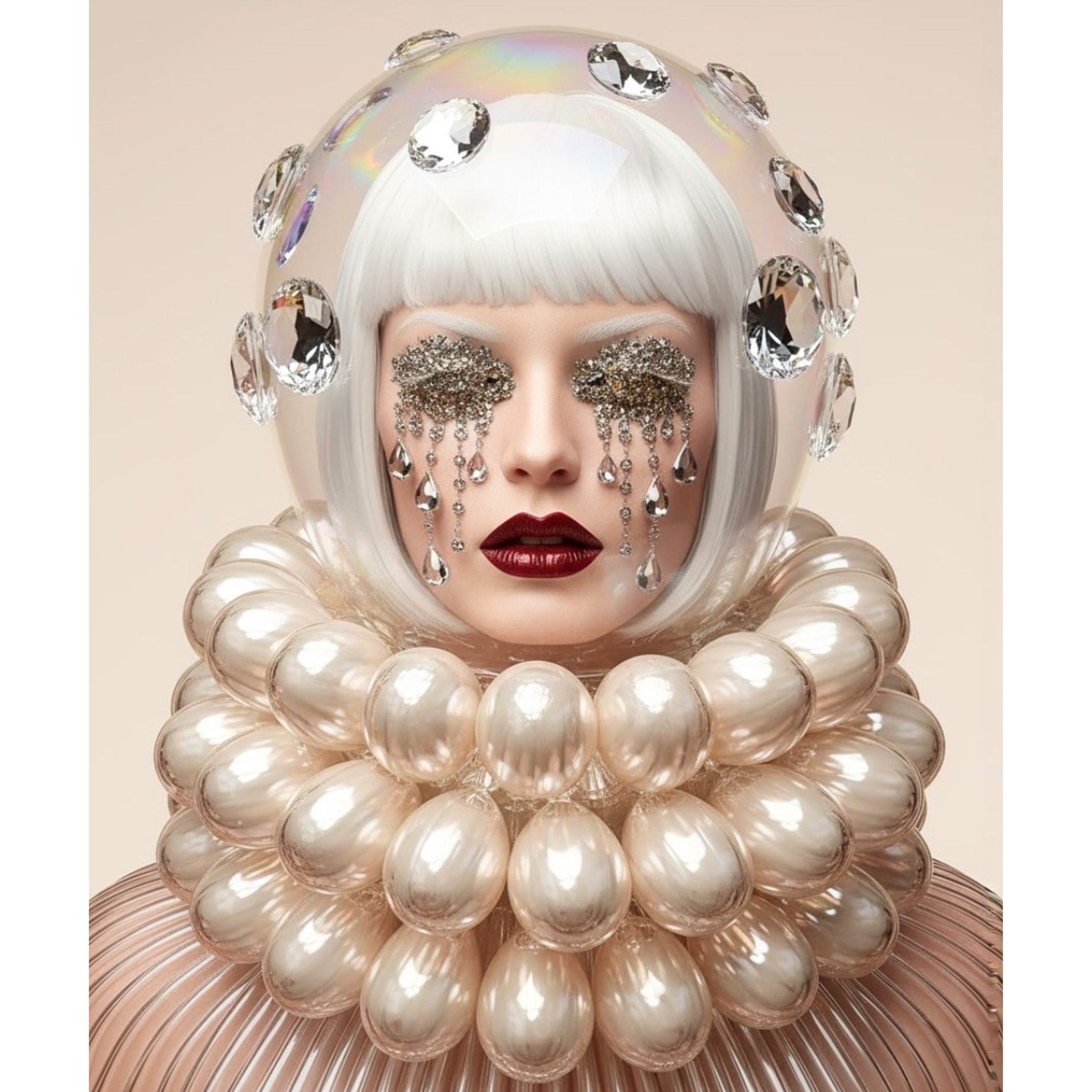 A stylized portrait of a woman with a white bob haircut, large clear glass dome helmet with diamond accents, rhinestone eye lids with cascading crystal tears. red lips and a voluminous pearl-like glass collar against a plain beige background.