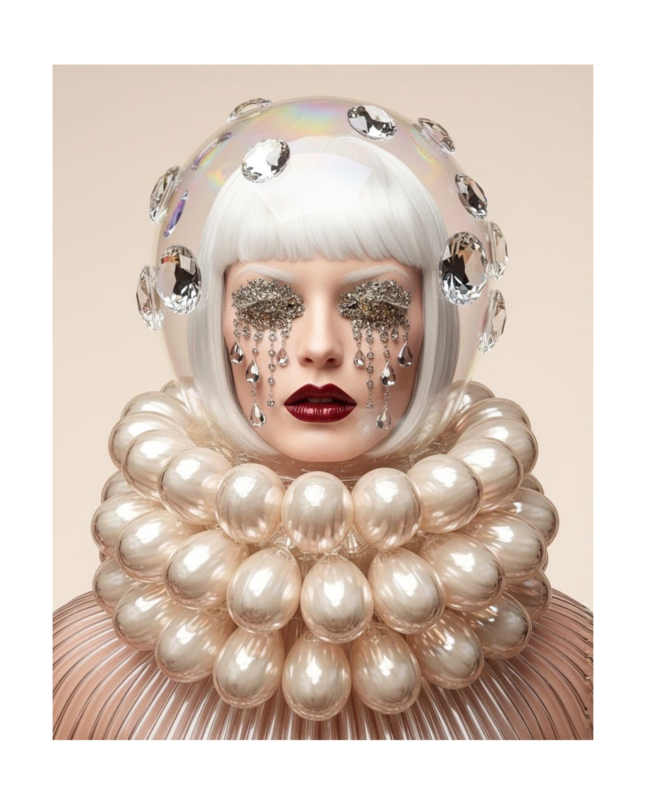 A stylized portrait of a woman with a white bob haircut, large clear glass dome helmet with diamond accents, rhinestone eye lids with cascading crystal tears. red lips and a voluminous pearl-like glass collar against a plain beige background.