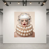 A large museum-grade framed artwork displayed on a white gallery wall, featuring a stylized portrait of a woman with a white bob hair, dramatic pearl-like collar, and crystal tear drops, featured  in a modern gallery space with track lighting.