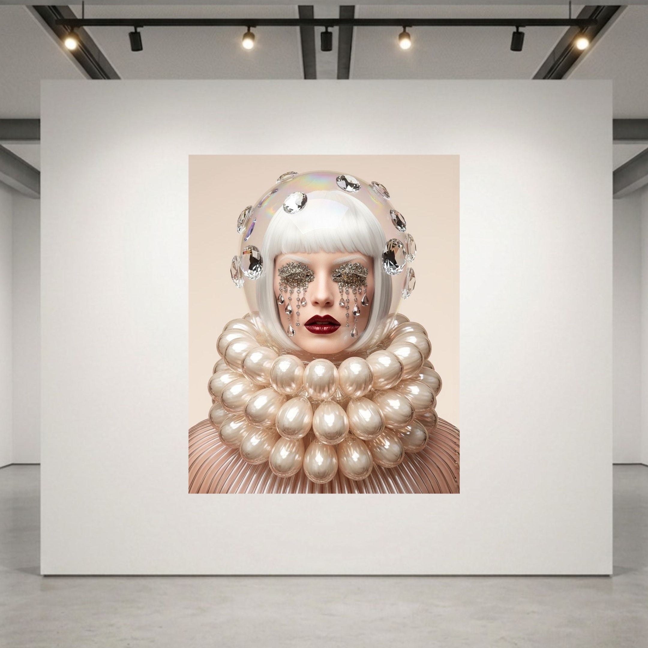 A large museum-grade framed artwork displayed on a white gallery wall, featuring a stylized portrait of a woman with a white bob hair, dramatic pearl-like collar, and crystal tear drops, featured  in a modern gallery space with track lighting.