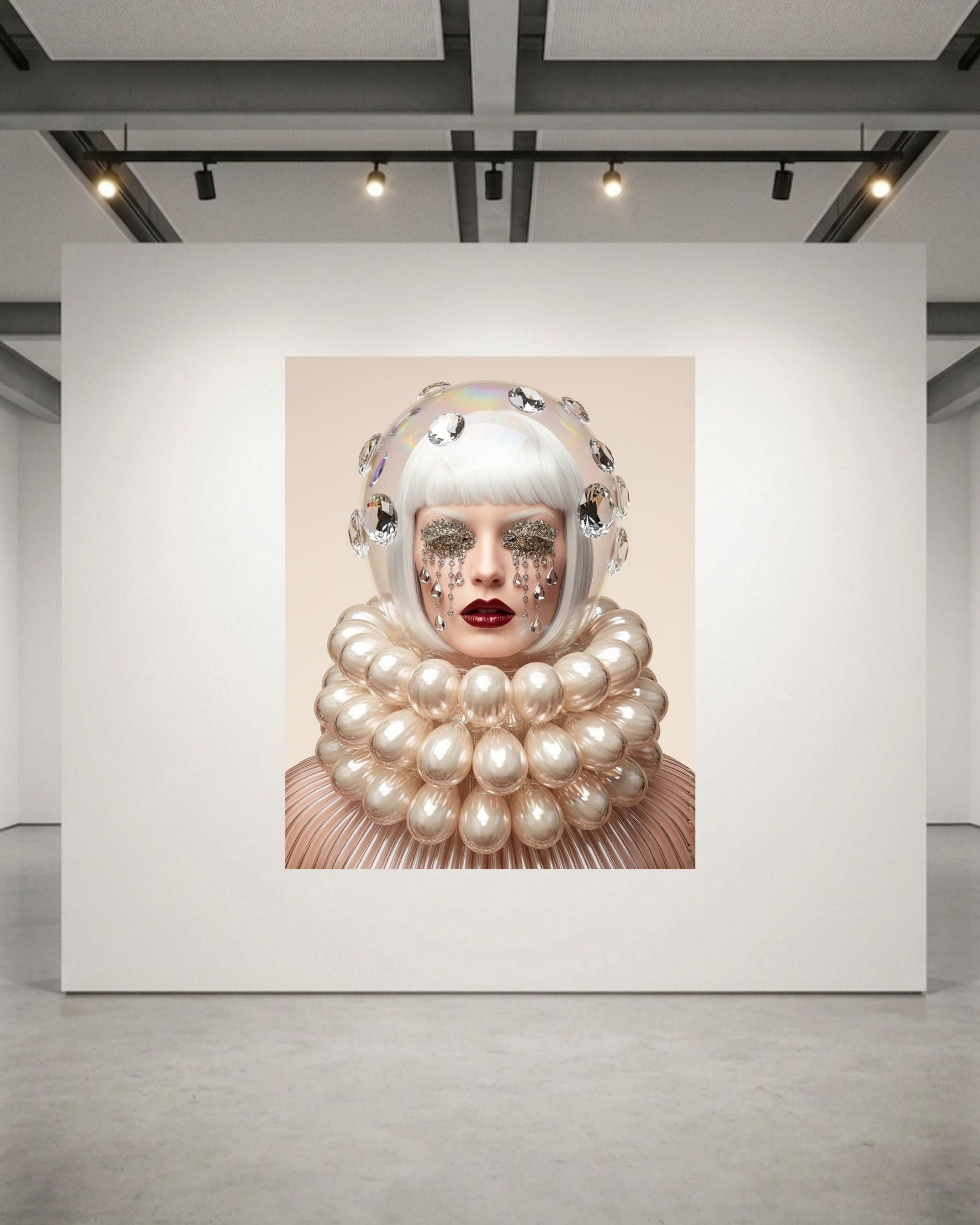 A large museum-grade framed artwork displayed on a white gallery wall, featuring a stylized portrait of a woman with a white bob hair, dramatic pearl-like collar, and crystal tear drops, featured  in a modern gallery space with track lighting.