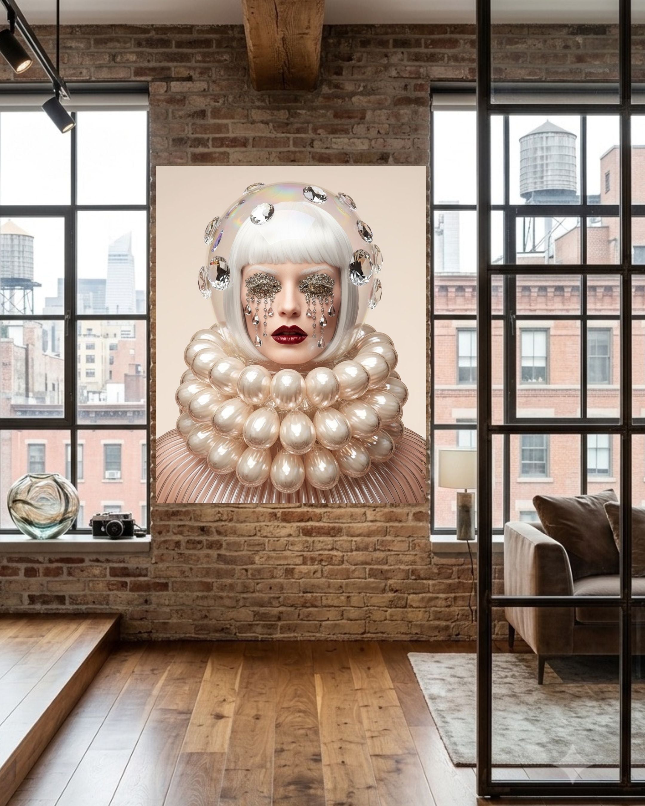 A large wall art depicting a stylized portrait of a woman with white hair, pearl-like ruffs collar, crystal tear droplets, and red lips displayed on a brick wall in a modern loft-style room with windows and a sofa.