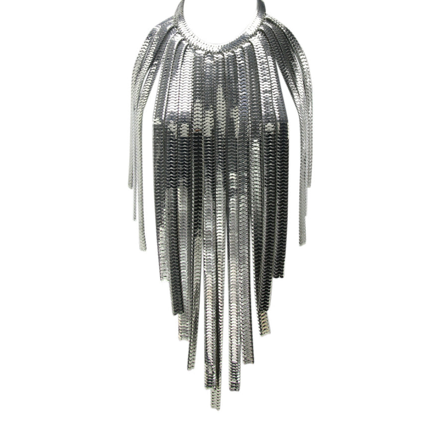MizDragonfly Jewelry Industrial Metal Fringe Statement Necklace Body Chain Silver