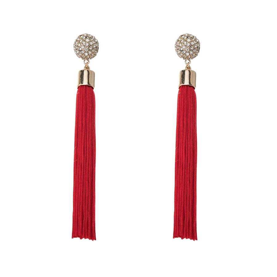 Meteor Gold Sphere Rhinestone Tassel Stud Drop Earrings - Red