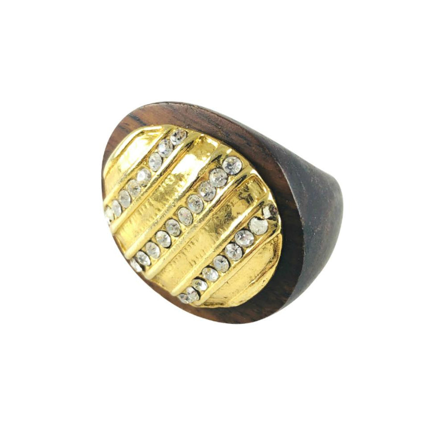 MizDragonfly Jewelry Vintage Stratos Rhinestone Gold Pearl Wood Ring Side