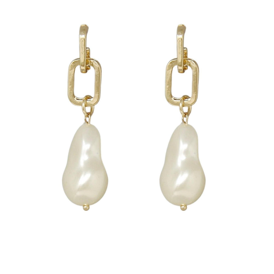 Babylone Cream Faux Pearl Rectangular Gold Link Drop Earrings