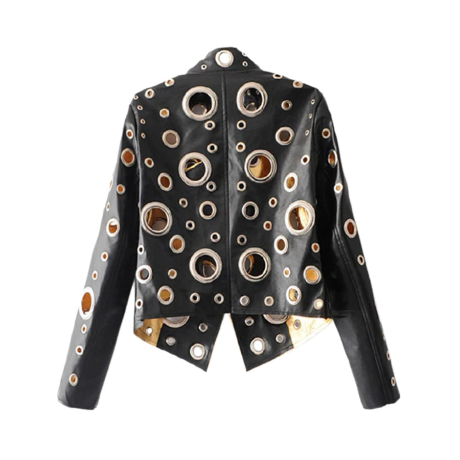 Hex Black Gold Metallic Eyelet Faux Leather Jacket
