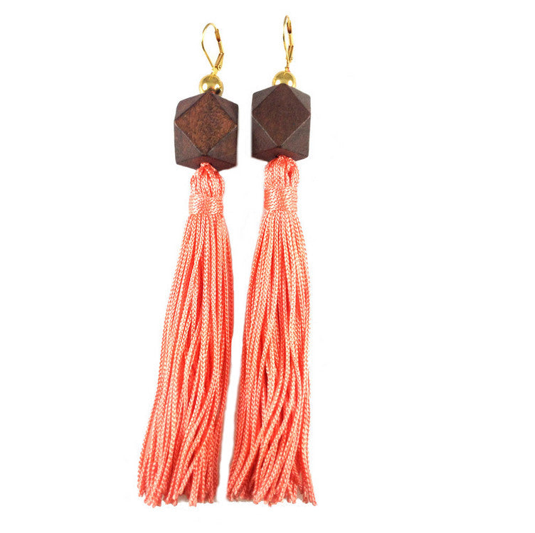 MizDragonfly Jewerly Gaga Coral Wood Silk Tassle Earrings Gallery