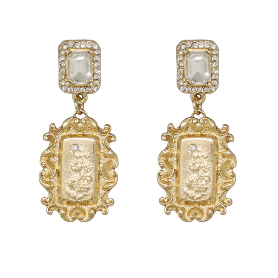 Coco Vintage Gold Engrave Flower Crystal Drop Earrings