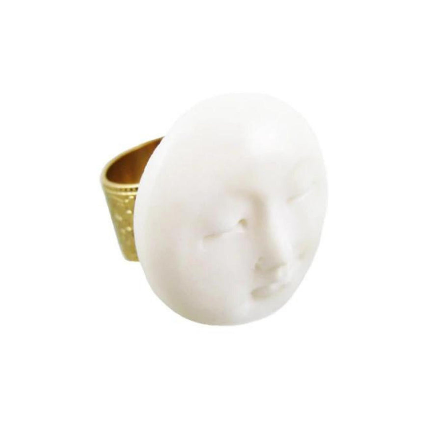 MizDragonfly Jewelry Full Moon White Bone Floral Adjustable Gold Ring