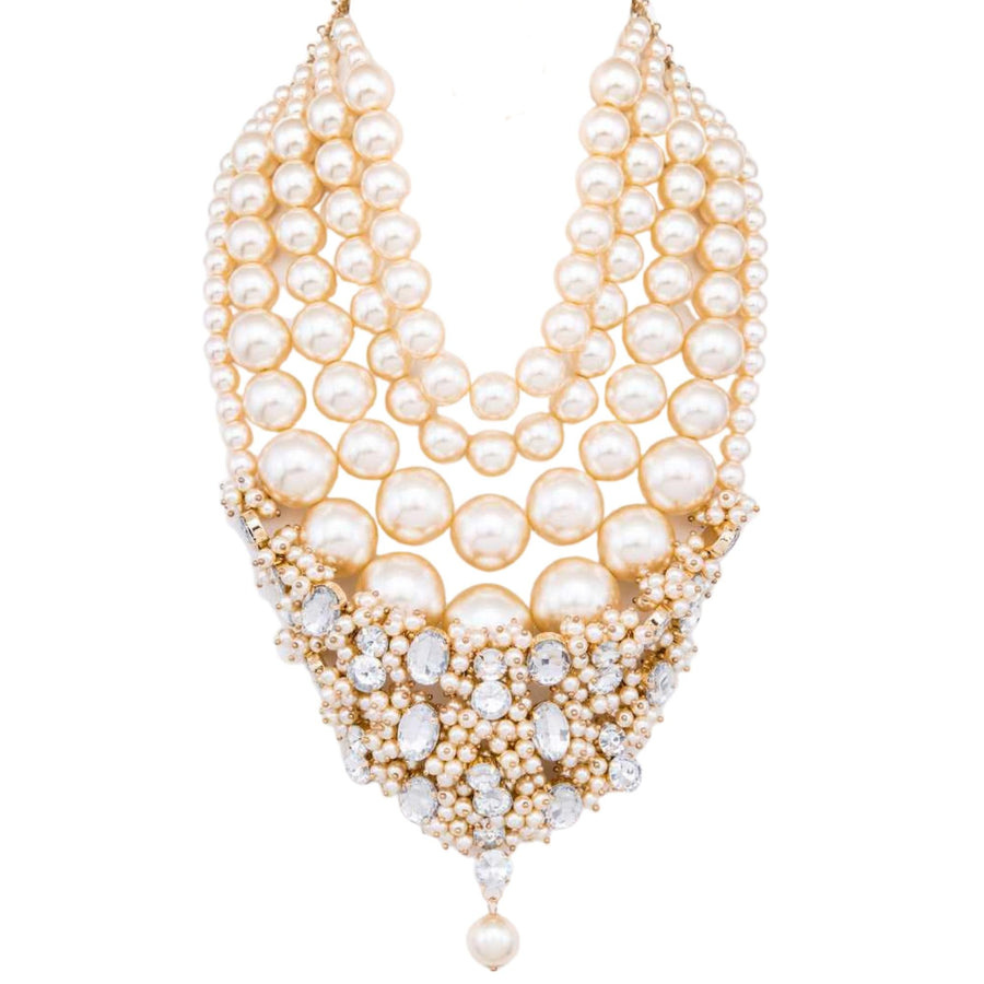 Paris Cream Pearls Crystal Statement Layers Necklace