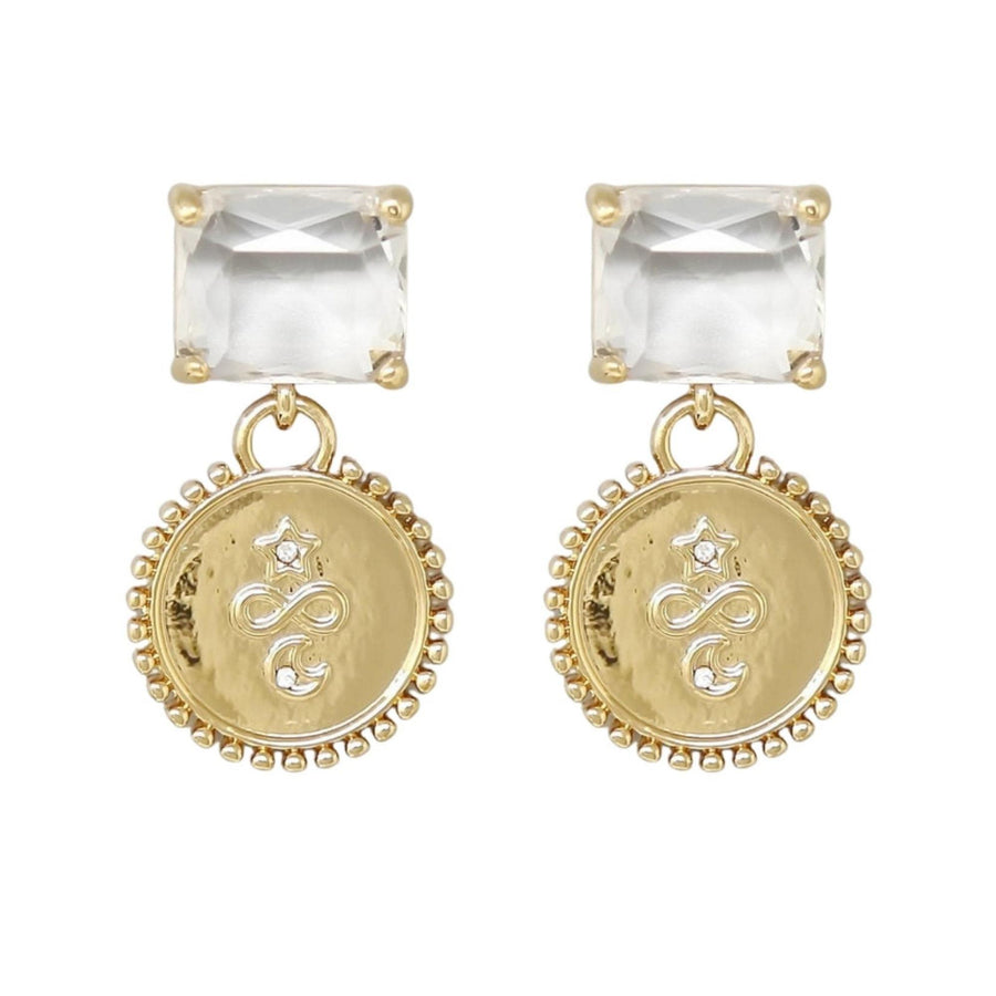 Sorbonne Gold Coin Clear Crystal Drop Earrings