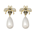 MizDragonfly Luxembourg Gold Black Bee Rhinenestone Pearl Drop Earrings