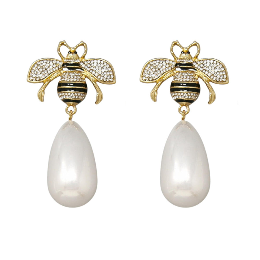 MizDragonfly Luxembourg Gold Black Bee Rhinenestone Pearl Drop Earrings