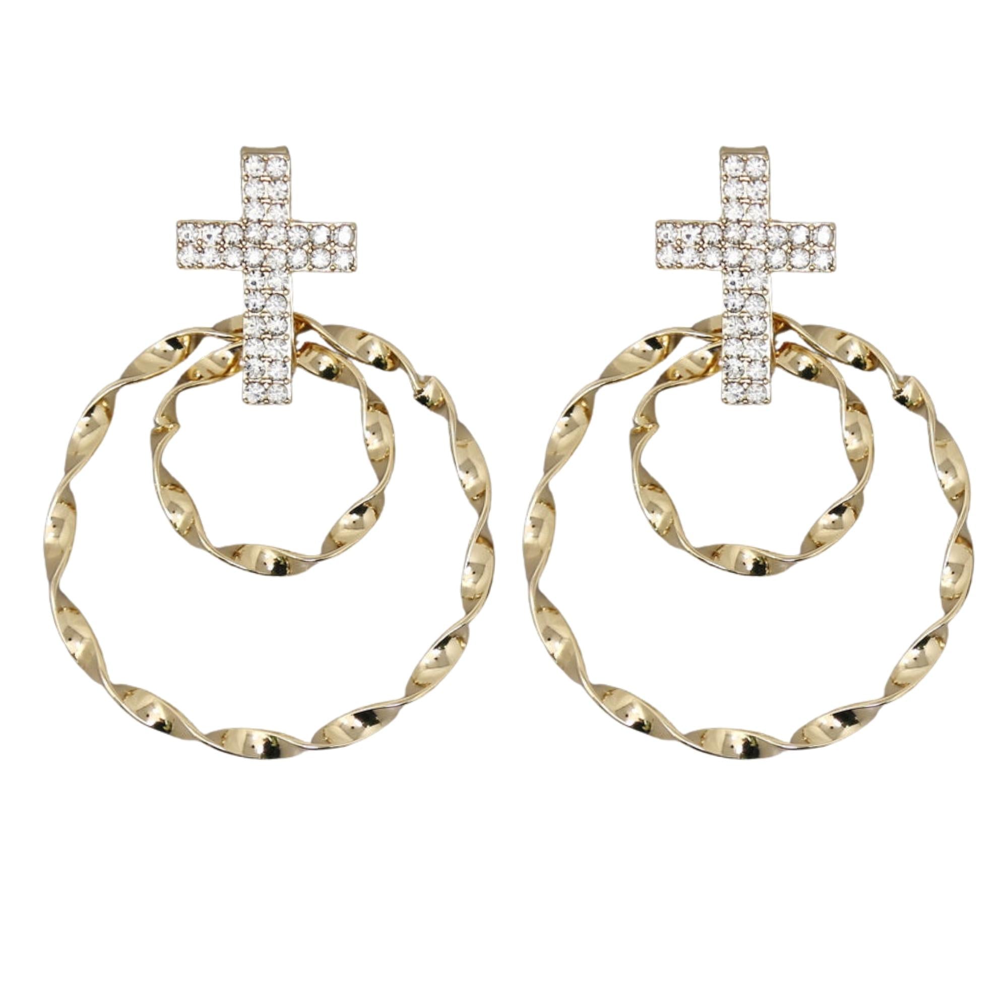    MizDragonfly Notre Dame Gold Hoop Cross Rhinestones Stud Earrrings